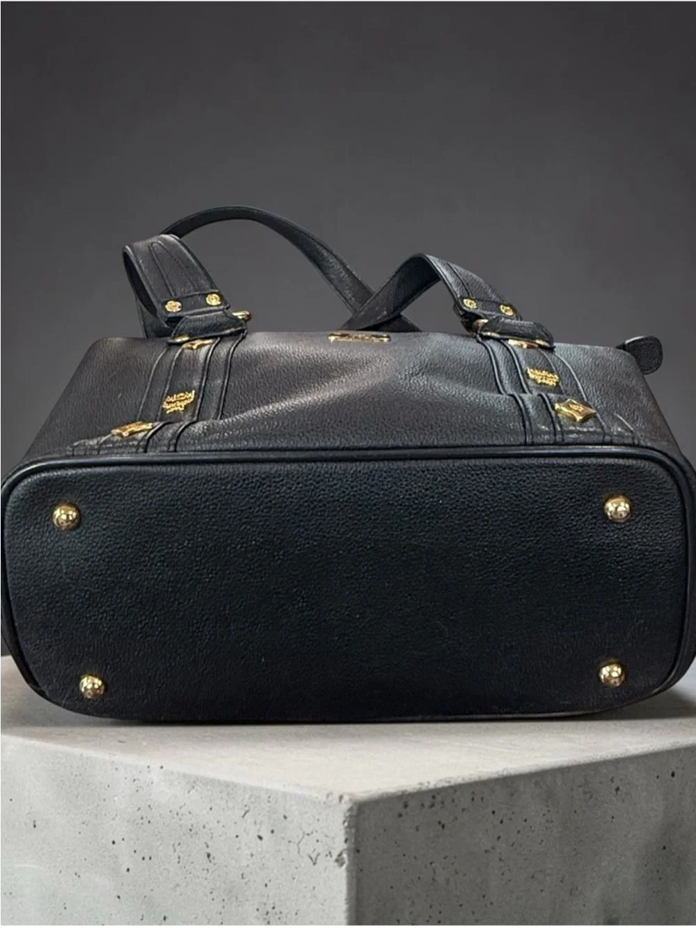 MCM Black Leather Tote with Gold Hardware